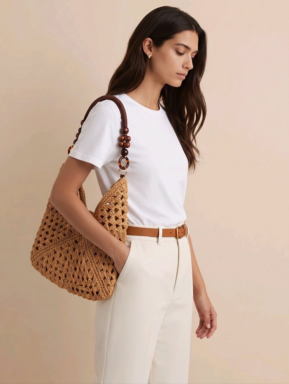 Handcrafted Crochet Shoulder Bag with Beaded Handle - Tan - Picture 1 of 4